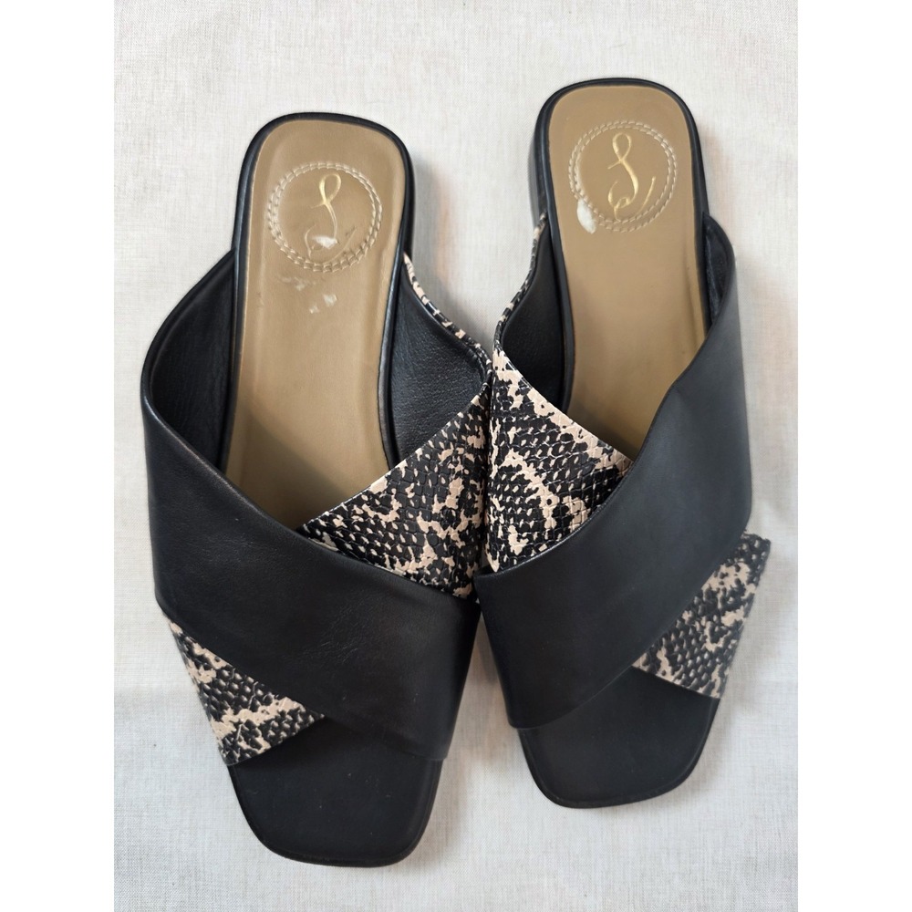 Sam Edelman Idina Black Leather/Snake Print Slip-On Flat Open Toe Sandals Sz 9